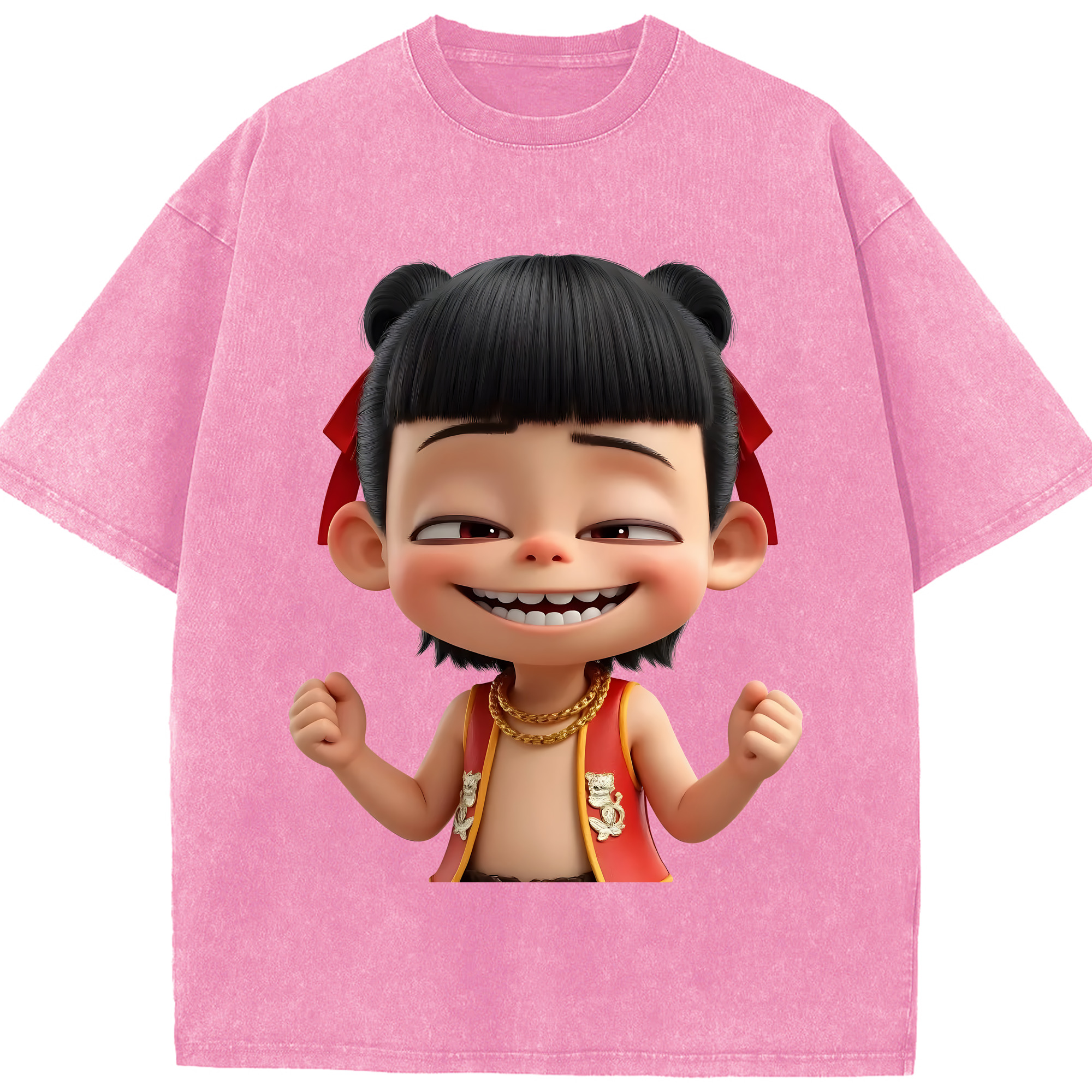 （画像用） Ne Zha 2 ナタ 魔童の大暴れ 綿100% ヴィンテージ風 半袖Tシャツ（フロントプリント）